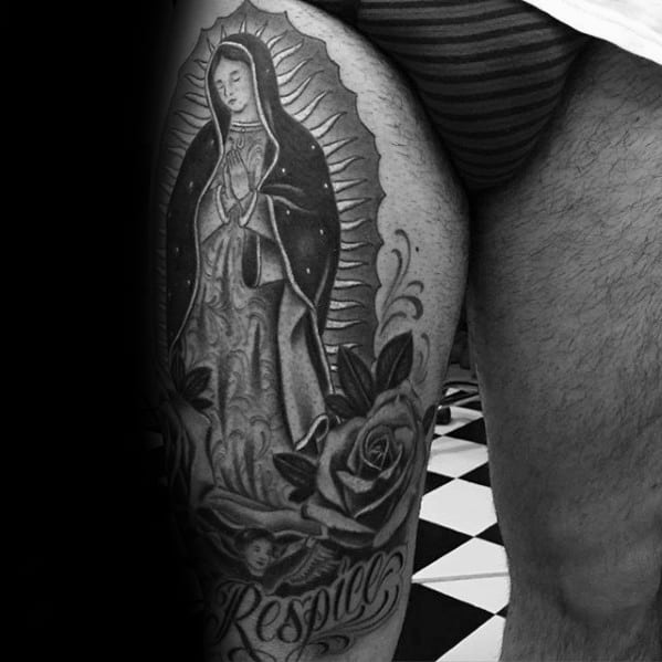 Male With Cool Guadalupe Thigh Tattoo Design