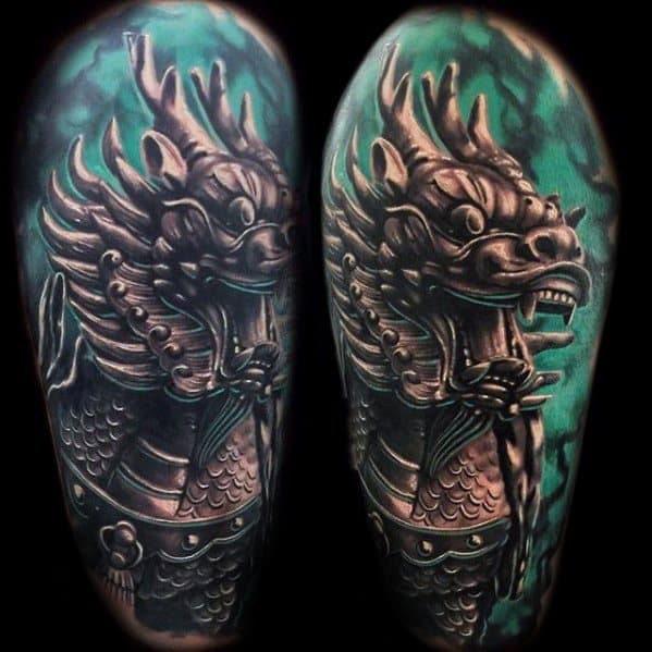 Realistic bronze-style Kirin tattoo on the upper arm with metallic shading and a vivid green background, giving a statue-like appearance.