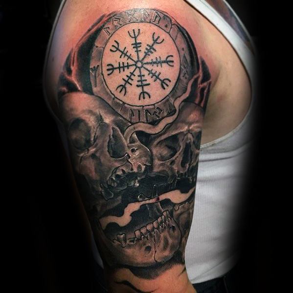 Male With Cool Half Sleeve Skull Helm Of Awe Tattoo Design