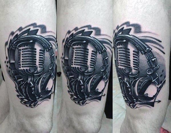 Male With Cool Headphones Tattoo Design On Thigh