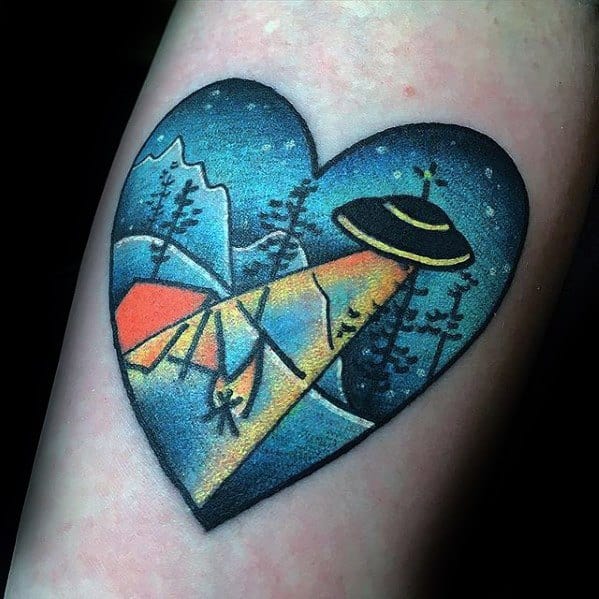 Male With Cool Heart Alien Spaceship Night Sky Tent Tattoo Design Inner Forearm