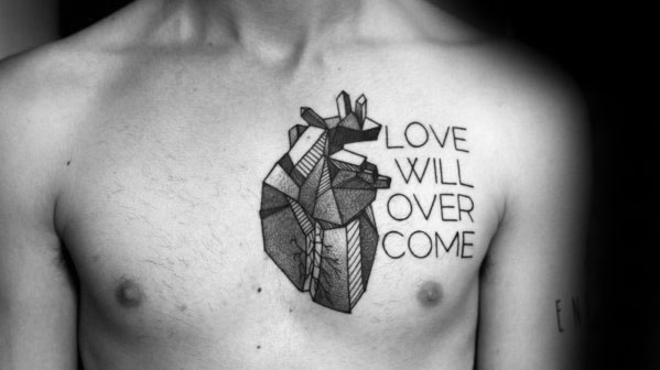 Male With Cool Heart Chest Love Will Overcome Tattoo Design