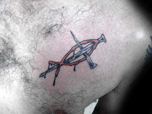 Male With Cool Ichthus Tattoo Design Cross With Blood Upper Chest