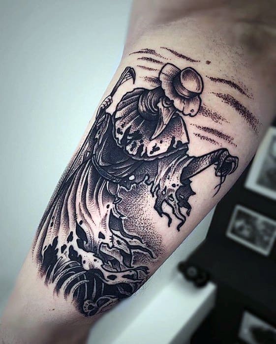Male With Cool Inner Arm Bicep Plague Doctor Tattoo Design