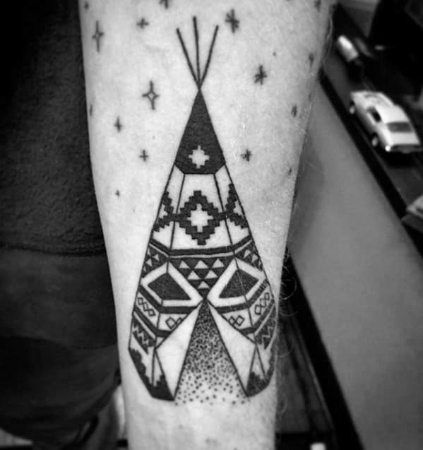 Male With Cool Inner Forearm Black Ink Teepee Tattoo Design