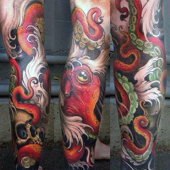 Vibrant octopus and skull leg tattoo with detailed tentacles in red and green