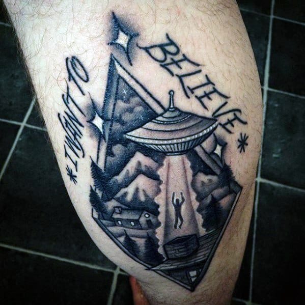 Male With Cool Leg Calf I Want To Believe Tattoo Design