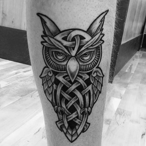 Male With Cool Leg Celtic Owl Tattoo Design