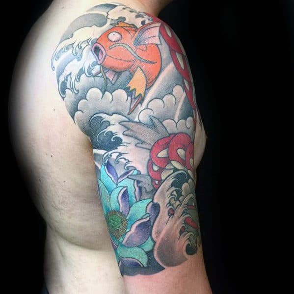 Traditional Japanese-style half-sleeve tattoo featuring Magikarp above crashing waves, vibrant lotus flower, and swirling elements.