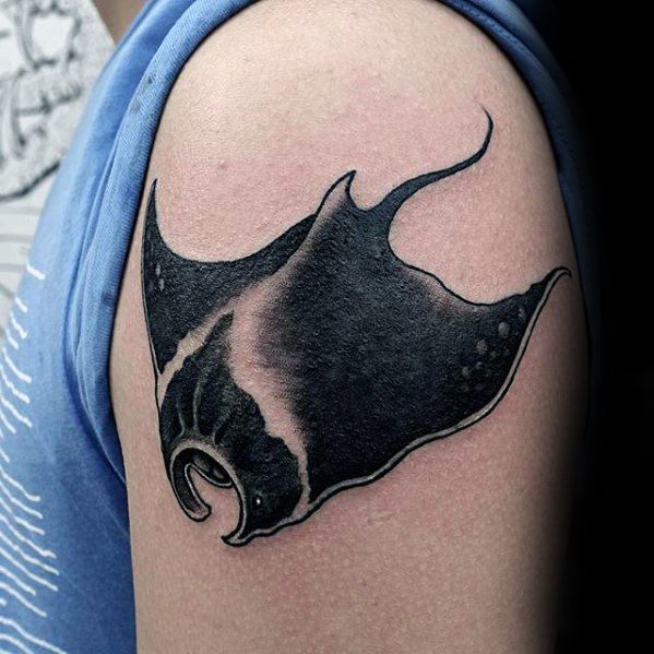 Male With Cool Manta Ray Tattoo Design Traditional Old School Upper Arm