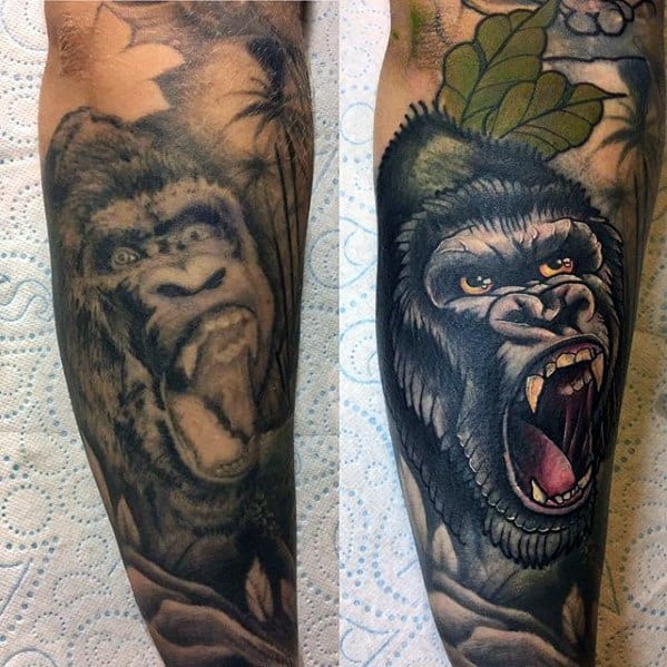 Before and after of a gorilla tattoo cover-up, transformed into a bold neo-traditional style with sharp details and vivid shading.