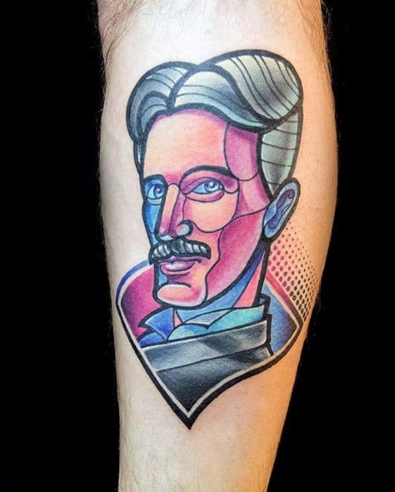 Bold neo-traditional tattoo of Nikola Tesla with vibrant geometric shapes, cool-toned shading, and a pop-art inspired background.