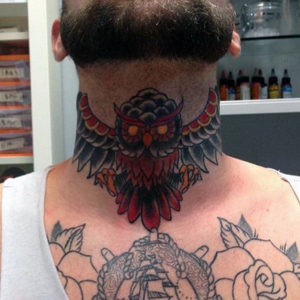 Male With Cool Old School Traditional Black Red And Yellow Ink Owl Neck Tattoo Design