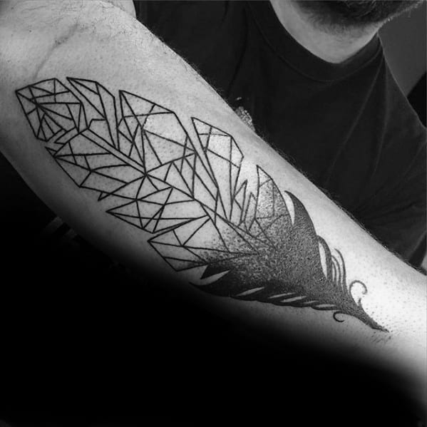 Male With Cool Outer Forearm Geometric Feather Tattoo Design