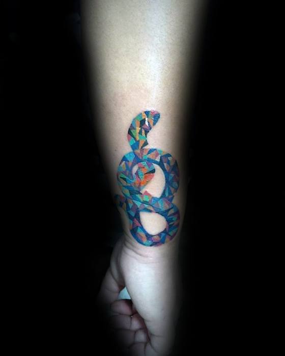 Male With Cool Outer Forearm Snake Colorful Mosaic Tattoo Design