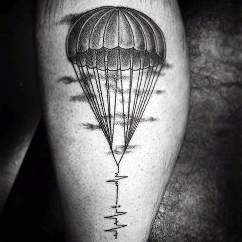 Male With Cool Parachute Heartbeat Leg Tattoo Design