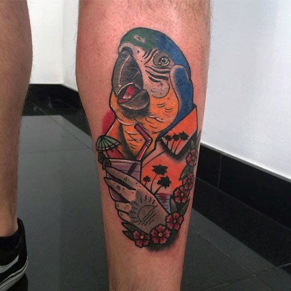Male With Cool Parrot Tattoo Design Back Of Leg