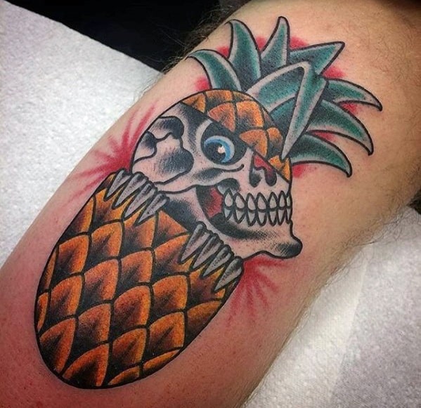 Male With Cool Pineapple Skull Traditional Leg Tattoo Design