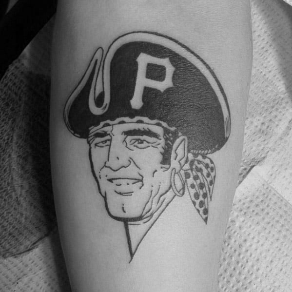 Black and white tattoo of a vintage Pittsburgh Pirates logo featuring a smiling pirate with a “P” on his hat and polka dot bandana.