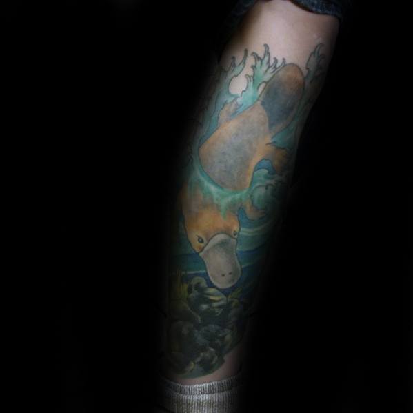 Male With Cool Platypus Tattoo Design Leg Sleeve