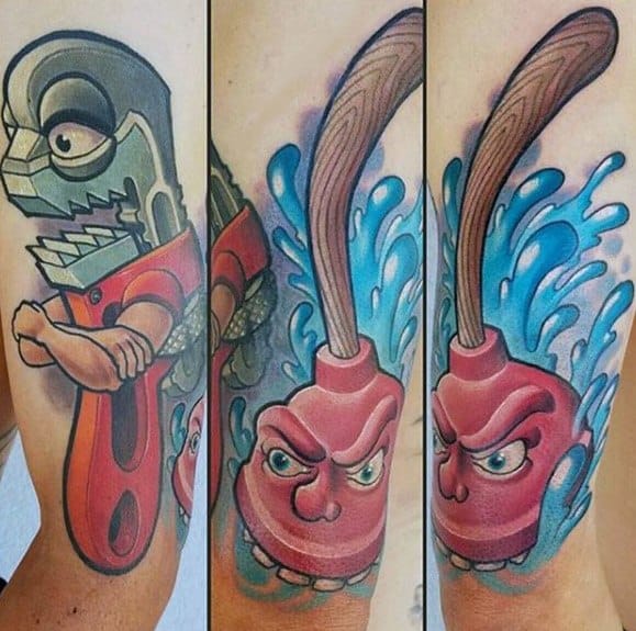 Colorful cartoon-style tattoo of an angry-faced plunger and wrench character with splashing water and bold outlines.