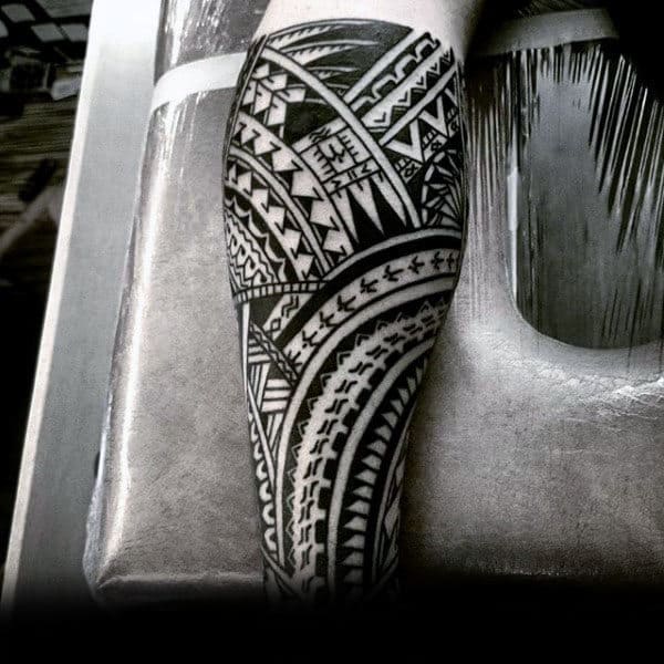 Male With Cool Polynesian Tribal Leg Sleeves Tattoo