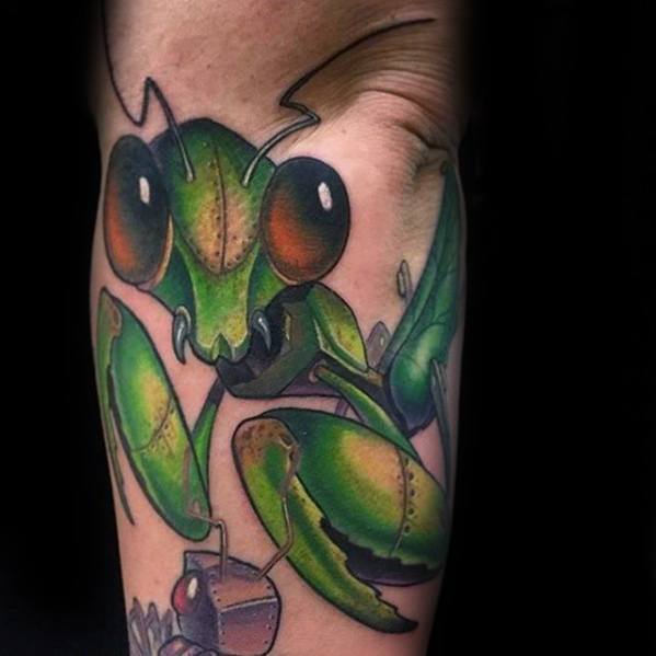 Male With Cool Praying Mantis Tattoo Design Outer Forearm