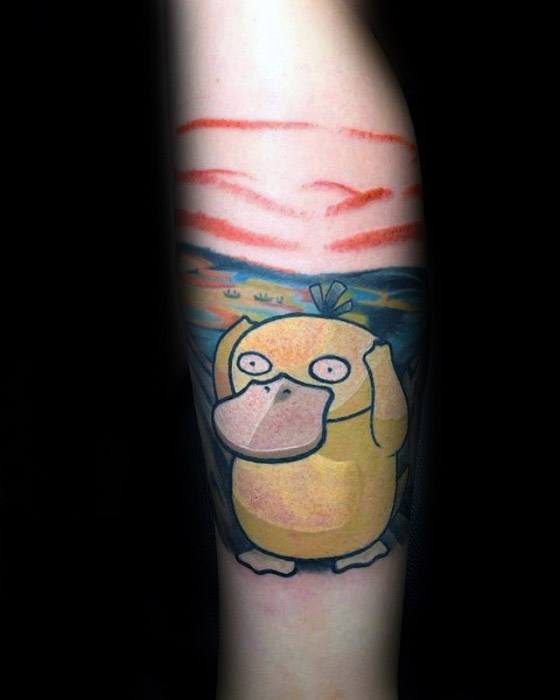 Psyduck tattoo with a bewildered look, set against a surreal red and blue background resembling Van Gogh’s Starry Night, on a forearm.