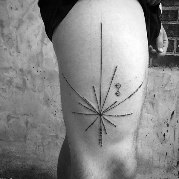 Minimalist line tattoo of a geometric pulsar map on a person's upper thigh