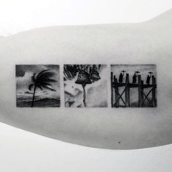 Male With Cool Quarter Sized Blocks Of Photos Tattoo Design On Inner Arm Bicep