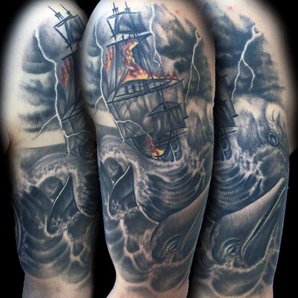 Male With Cool Sailing Ship Thunderstorm Tattoo Design On Arm