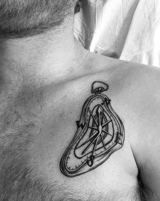 Minimalist Salvador Dali-inspired melting clock tattoo on the chest, with compass elements replacing clock hands for a surreal twist.