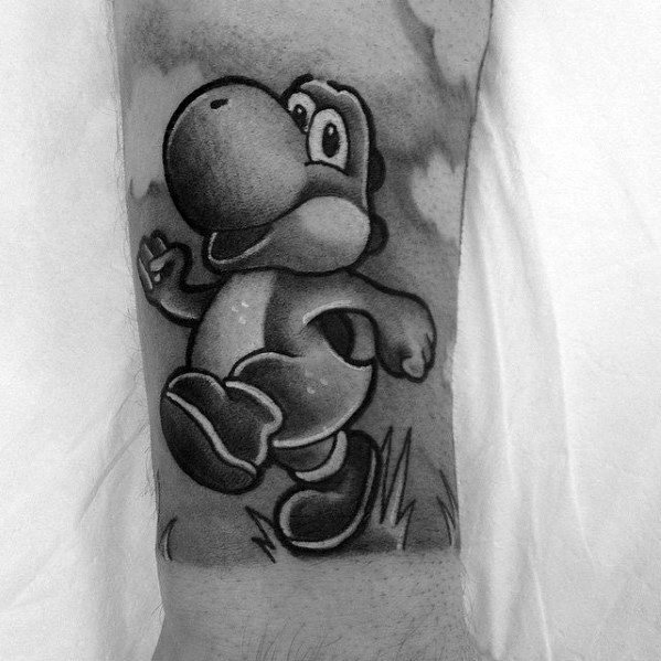 Male With Cool Shaded Black And Grey Forearm Sleeve Band Yoshi Tattoo Design