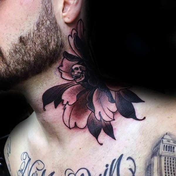 Male With Cool Shaded Peony Skull Tattoo On Neck