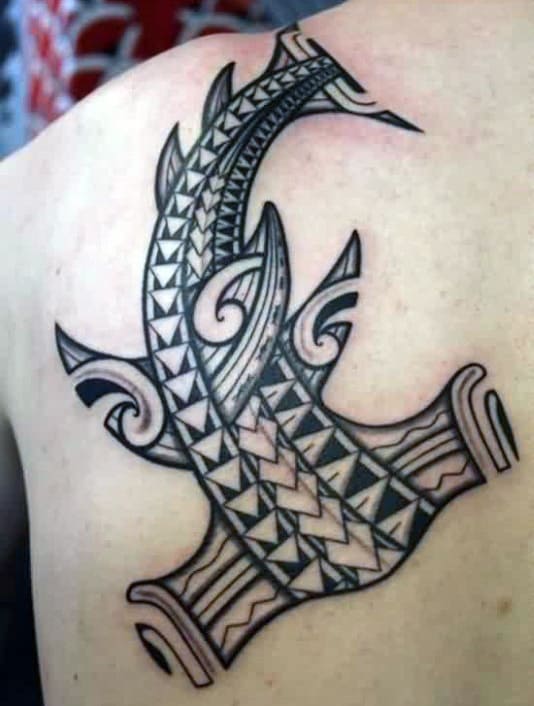 Male With Cool Shark Tattoo Tribal On Back