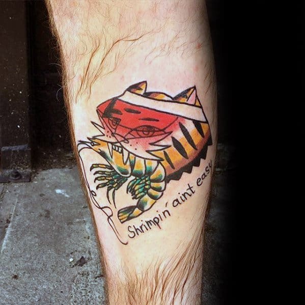 Male With Cool Shrimp Tattoo Design On Leg