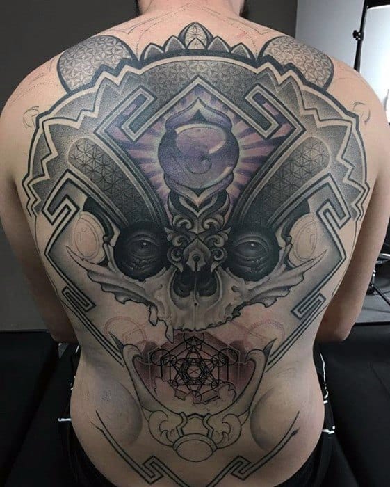 Male With Cool Skull Geometric Back Tattoo Design