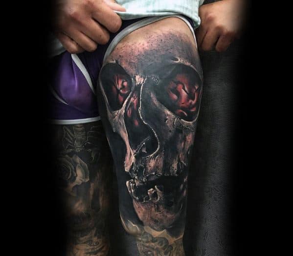 Male With Cool Thigh Badass Skull Tattoo Design
