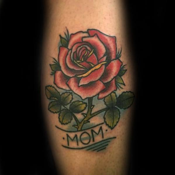 Male With Cool Traditional Rose Flower Memorial Mom Tattoo Design On Leg Calf