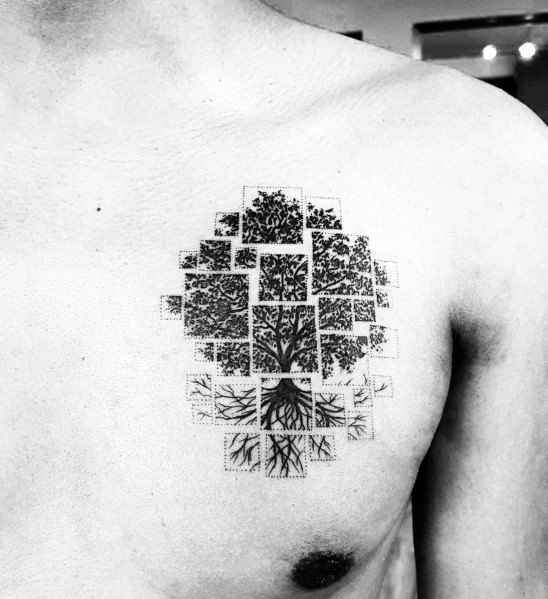 Geometric tattoo featuring an oak tree design made of small squares on a chest