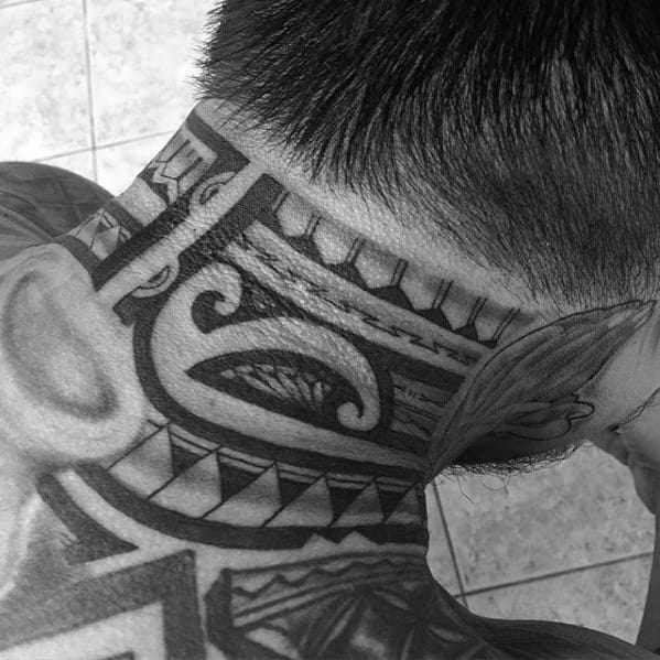 Male With Cool Tribal Polynesian Neck Tattoo Design