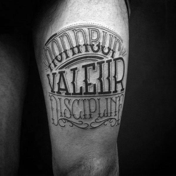 Male With Cool Typography Tattoo Design Thigh