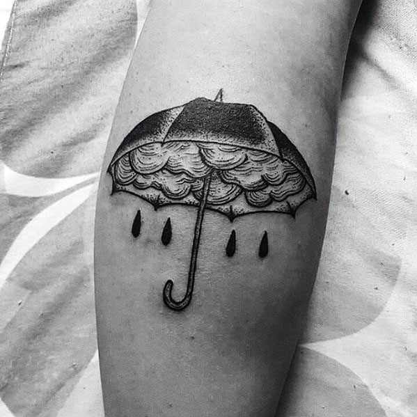 Male With Cool Umbrella Tattoo Design On Leg Calf