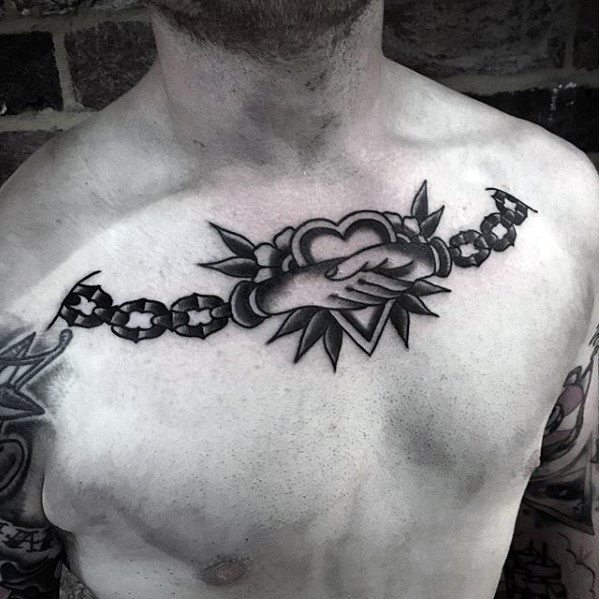 Male With Cool Upper Chest Traditional Chains Handshake Tattoo Design