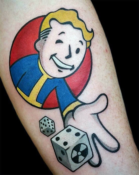 Vault Boy tattoo tossing Fallout-themed dice, with a big grin and a red circle backdrop for a bold and playful design.