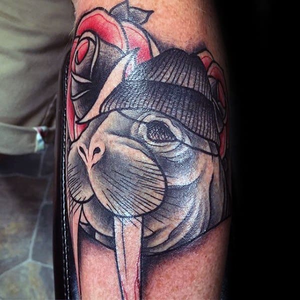 Male With Cool Walrus Rose Flower Outer Forearm Tattoo Design