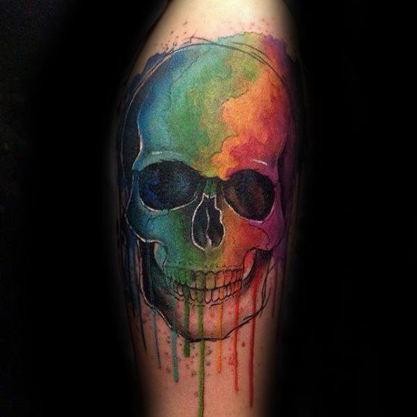 Male With Cool Watercolor Skull Tattoo Design On Arm