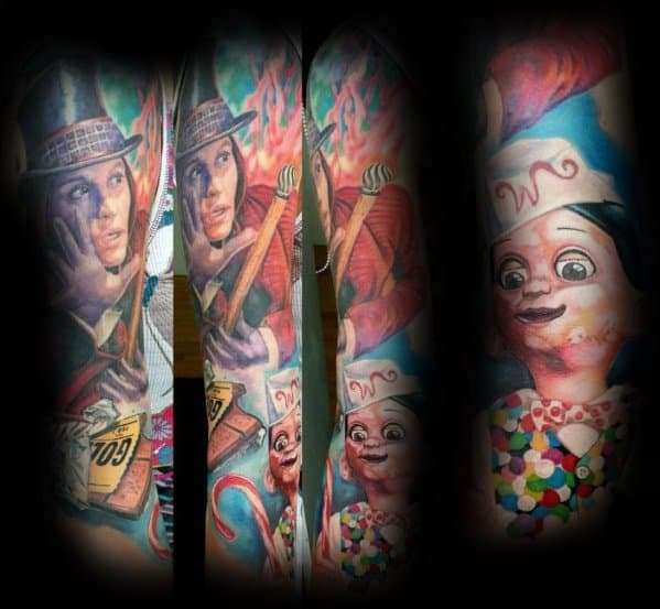 Colorful full sleeve Willy Wonka tattoo featuring Johnny Depp's Wonka, candy elements, a golden ticket, and a cheerful Oompa Loompa.