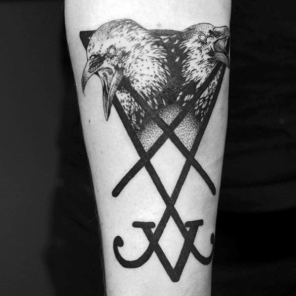 Male With Crow Geometric Tattoo Design On Inner Forearm