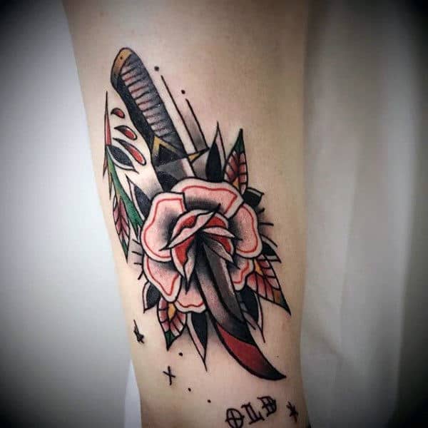 Male With Dagger Through Rose Tattoo